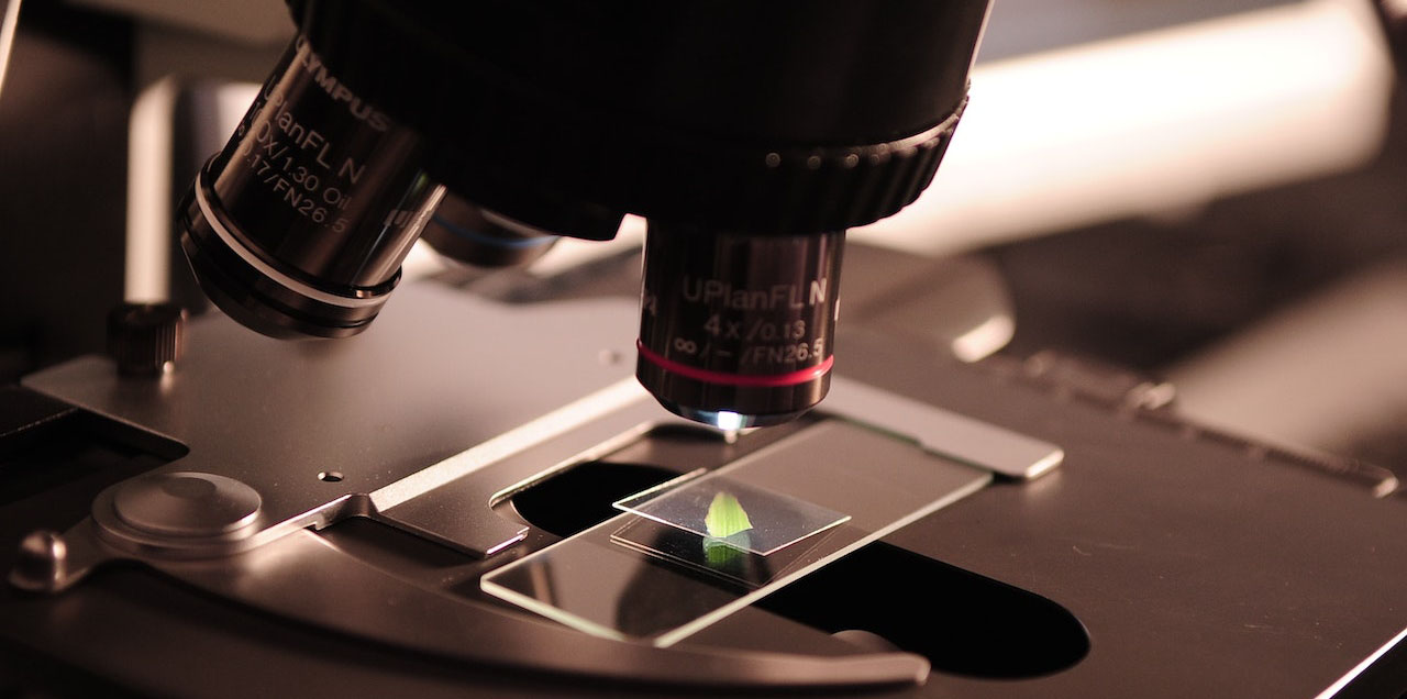 A microscope focusing on a specimen on a glass slide.