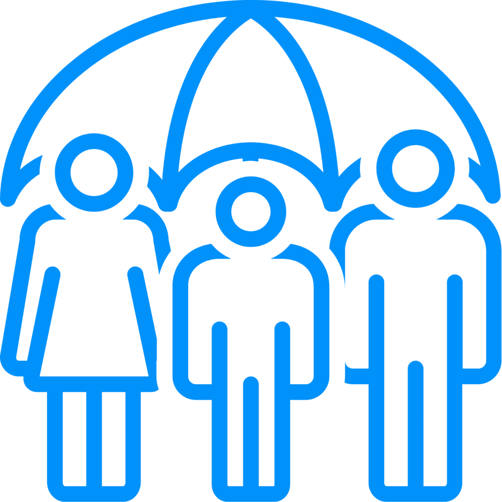 Icon representing insurance or protection for a family with two adults and one child under an umbrella, relevant to Civil Engineering Careers.