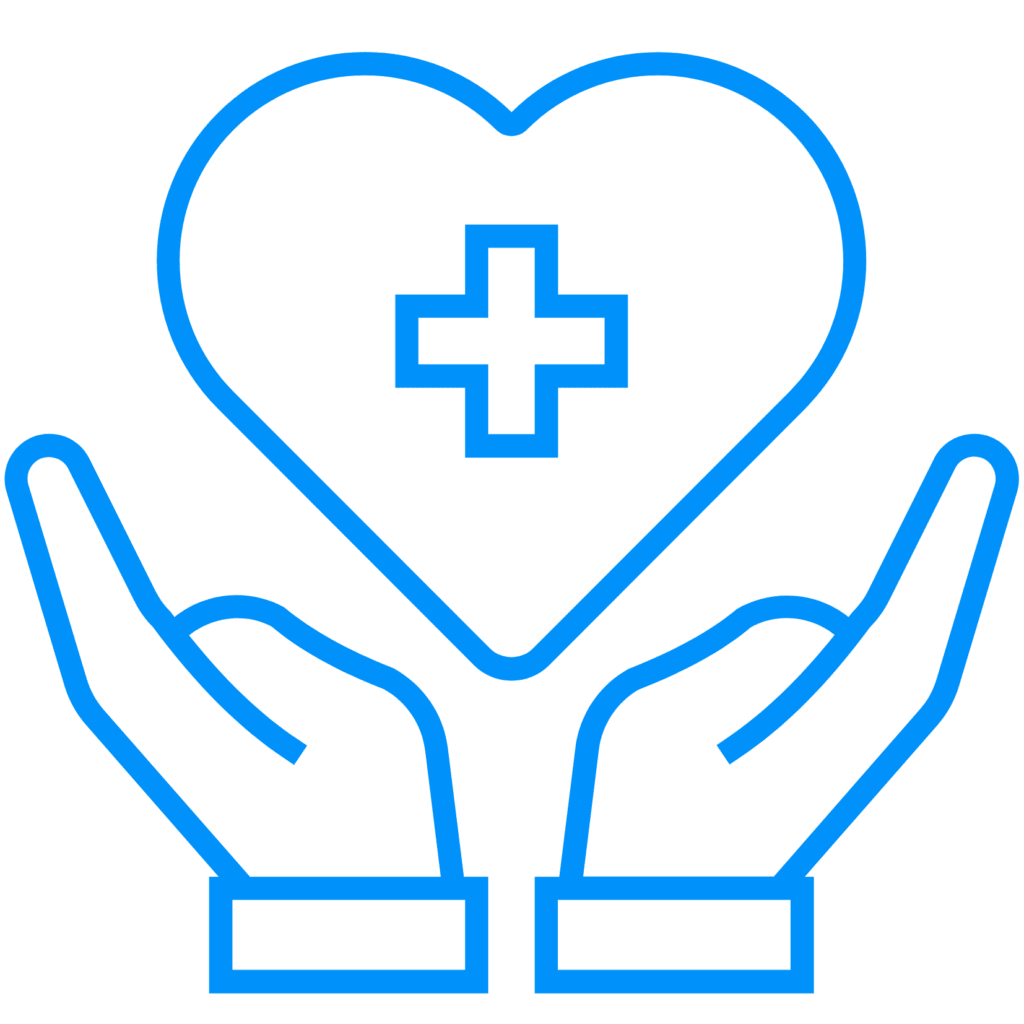 Blue outline of hands holding a heart with a civil engineering symbol on it, symbolizing healthcare or medical support.