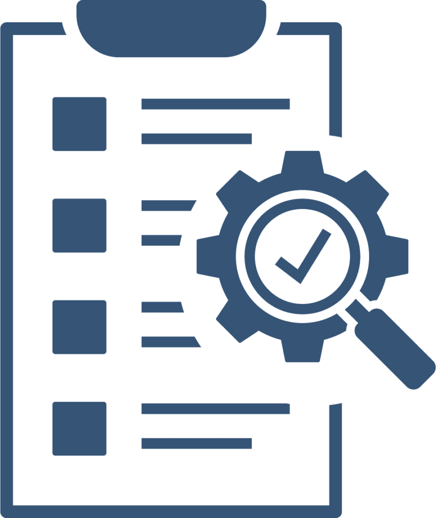 Clipboard with a checklist and a magnifying glass over a cogwheel, symbolizing detailed inspection or Quality Testing Services.